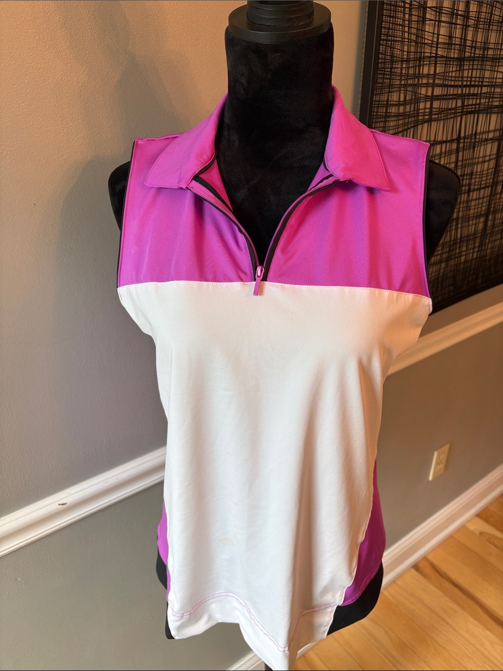 Lady Hagen Pink and White Sleeveless Zip Polo Tank